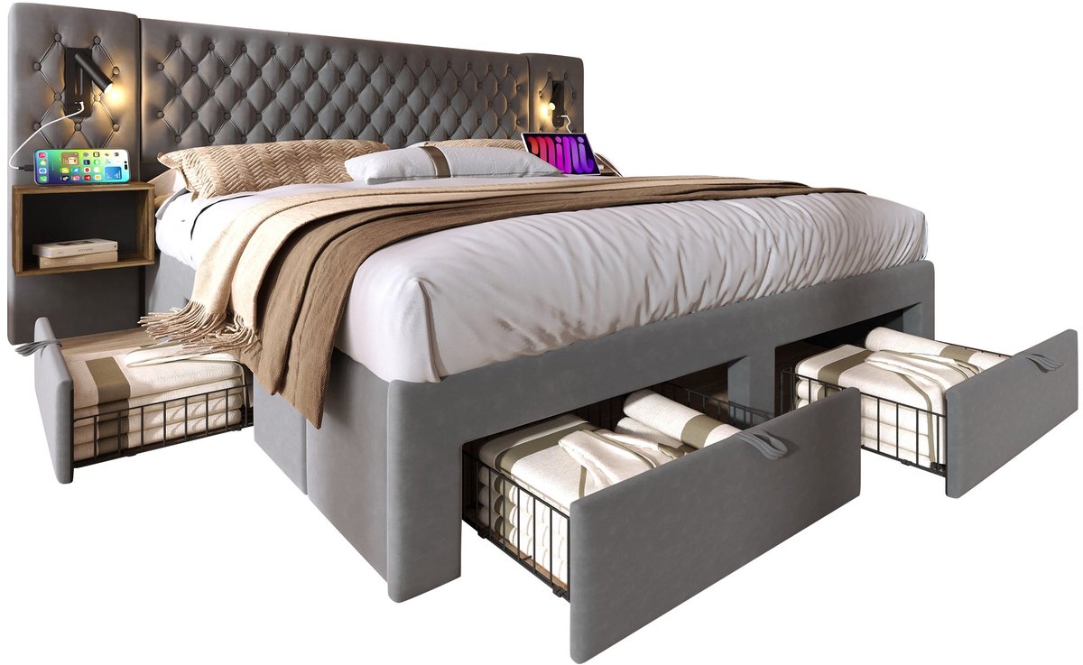 Merax Tweepersoonsbed 180x200 - Fluweel Gestoffeerd Kingsize Bed met Opbergruimte met 4 Lades - 2 Nachtkastjes - USB Oplaadfunctie - Houten Lattenbodem - Grijs