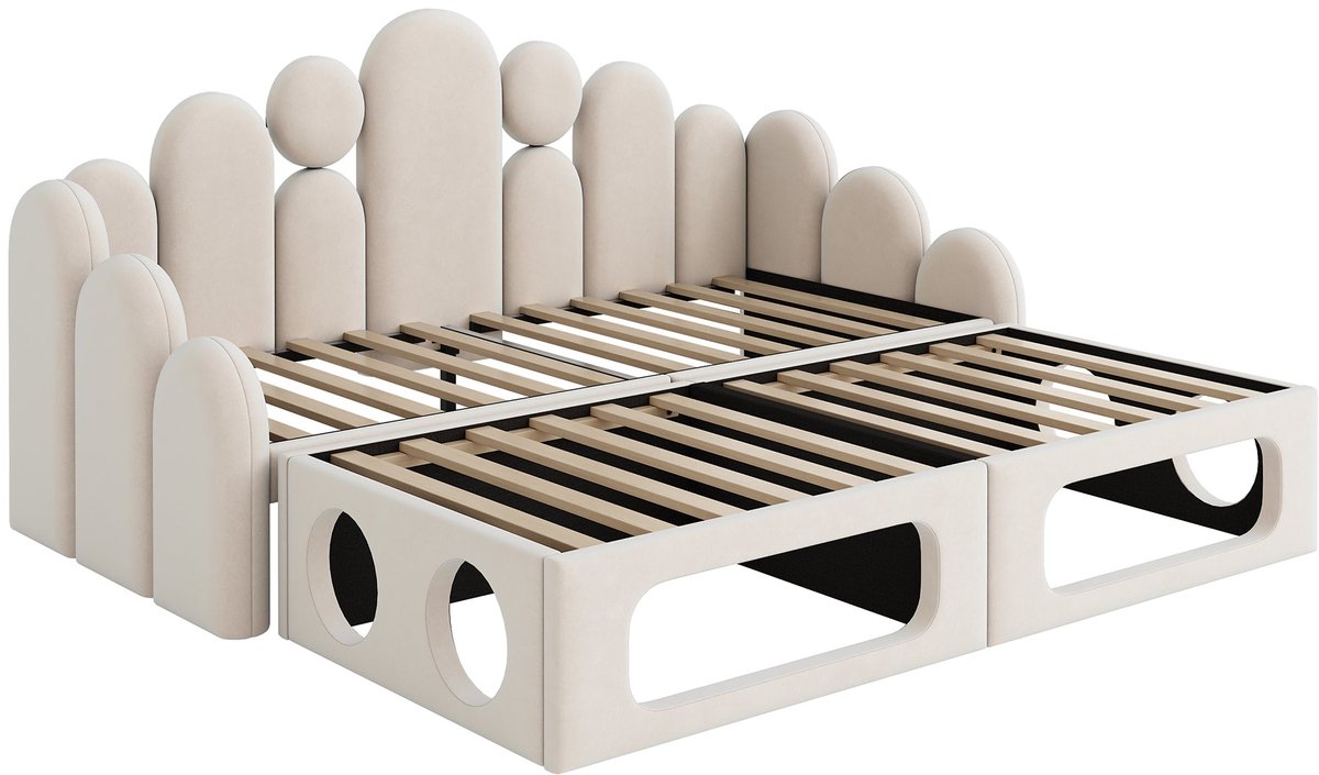 Merax Slaapbank 180x200 - Logeerbed 2-in-1 met Huisdierbed - Gestoffeerd Bed Fluweel - Houten Lattenbodem - Multifunctioneel Bed - Beige