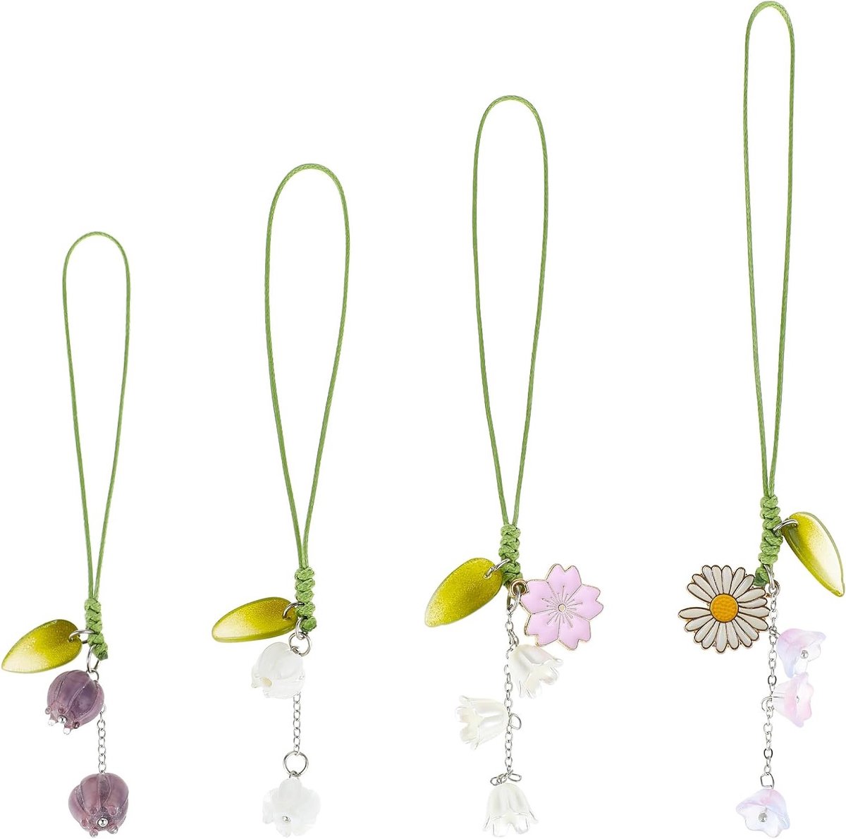4 Stuks Tulpen Bloem Telefoon Hanger Sleutelhanger Koord Ornament voor Mobiele Telefoon en Sieraden, Polyester Telefoonaccessoires en Decoratie