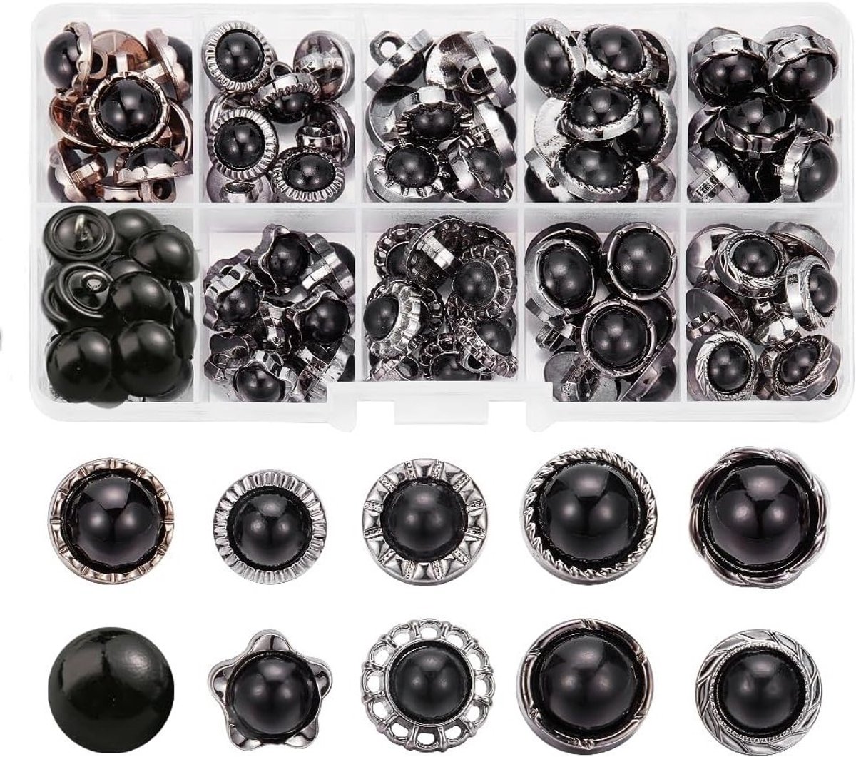 100 Stuks Zwarte Faux Parels Knopen in 10 Stijlen, Retro Plastic Knopen met Shank voor Kleding, Shirts en Bruidsmode, Perfect voor Naaiprojecten en Creatieve Ambachten