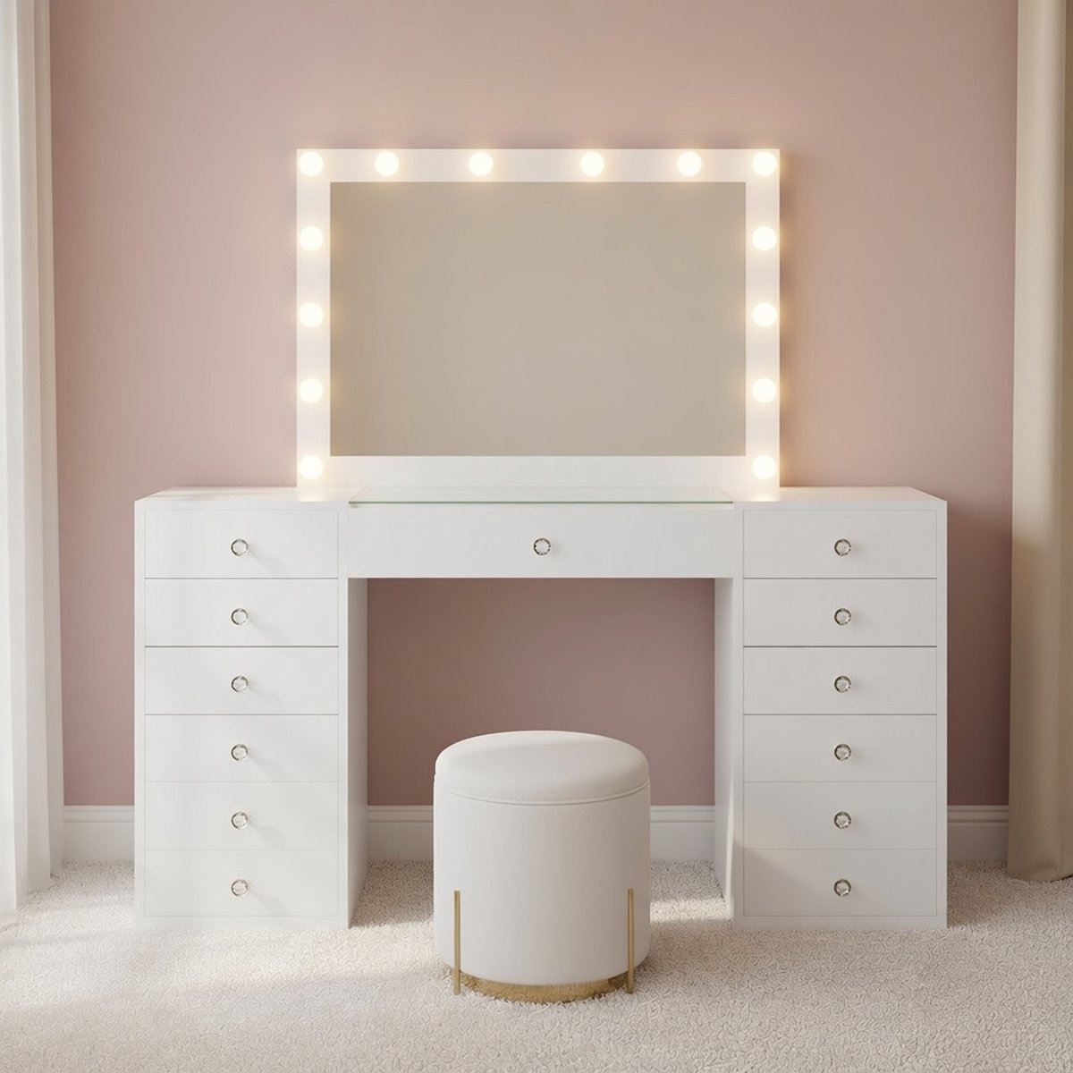 Luxe Make-uptafel met Hollywood Spiegel LED – Kaptafel Wit met 13 Lades, Glasplaat, USB-A & USB-C Oplaadpunten, 3 Lichtkleuren 100x75 cm – Modern Design Vanity Tafel – MedaHomeStore