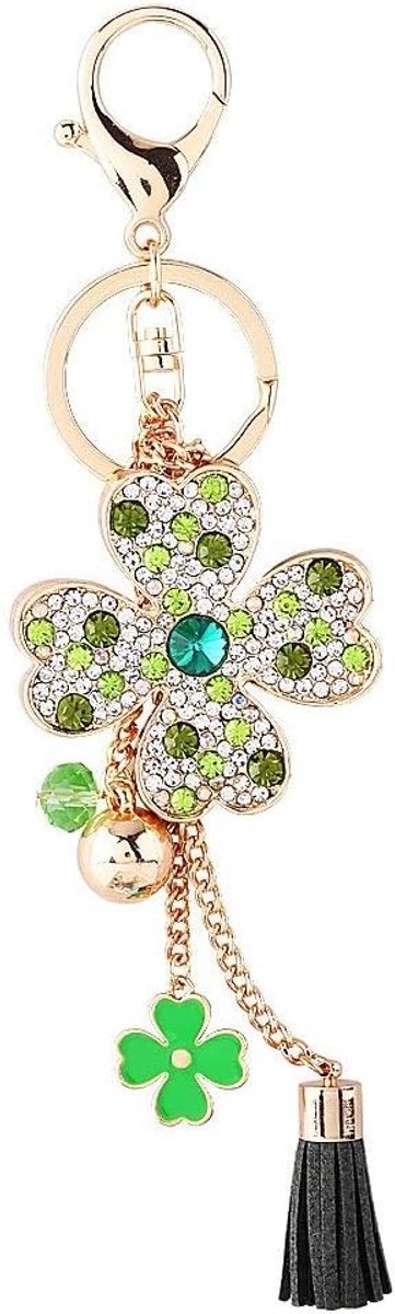 Gelukkig klavertje vier sleutelhanger met kwast en kristal strass voor vrouwen, charmante portemonnee en handtasaccessoire, perfect als geluksgeschenk