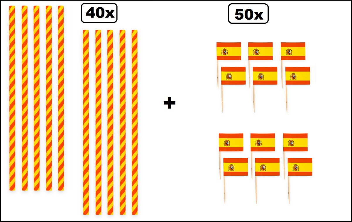 40x Papieren rietjes landen Spanje 20cm + 50x Cocktail vlag prikkers Spanje - Spaans WK sport festival themafeest party