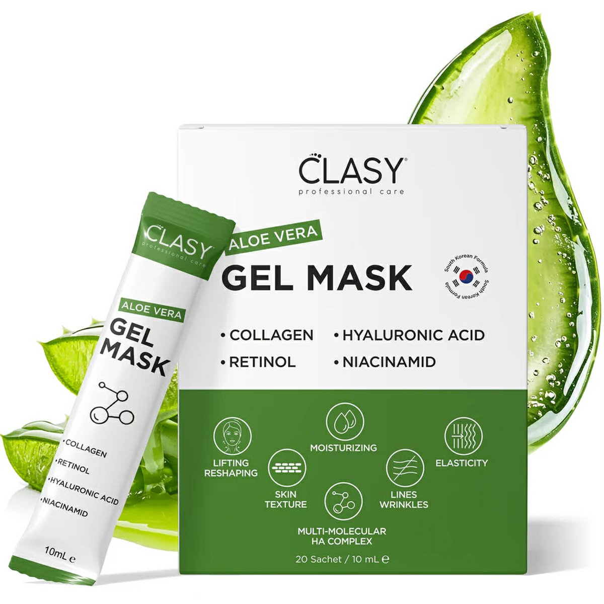 Clasy Care Gel Mask | Met Collageen en Retinol + Niacinamide Super booster formule | 20 Sachet x 10ML | Anti Aging | Maakt Strak en Glanzend| Bekend Tussen Turkse Vrouwen | Anti-Rimpel | Reshaping & Lifting | Skin Texture