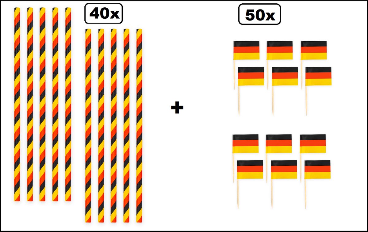 40x Papieren rietjes landen Duitsland 20cm + 50x Cocktail vlag prikkers Duitsland - Duits WK sport festival themafeest party