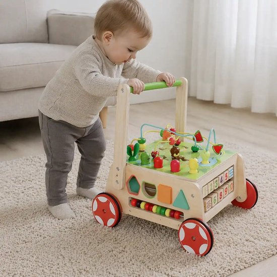 Houten Loopwagen Baby met Activiteitenkubus - Montessori Loopstoel & Educatief Speelgoed van Houten — afbeelding 4