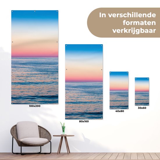 Tuinposter 40x80 cm - Tuindecoratie Regenboog - Zee - Kust - Poster voor in de tuin - Buiten decoratie - Schutting tuinschilderij - Tuindoek muurdecoratie - Wanddecoratie balkondoek