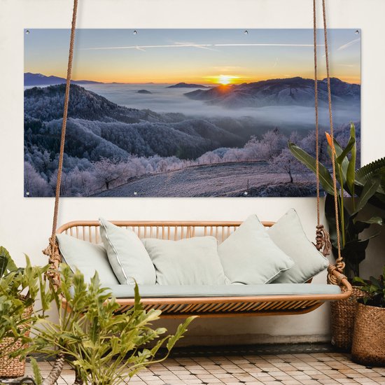 Tableau jardin d'hiver - Montagnes - Affiche jardin - Toile jardin - Hiver - Soleil - Soir - Décoration de jardin - 200x100 cm