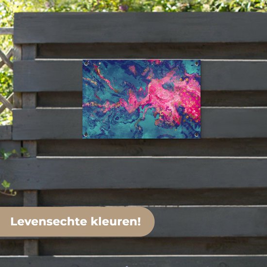 Tuinposter 60x40 cm - Tuindecoratie Marmer - Verf - Roze - Blauw - Poster voor in de tuin - Buiten decoratie - Schutting tuinschilderij - Tuindoek muurdecoratie - Wanddecoratie balkondoek