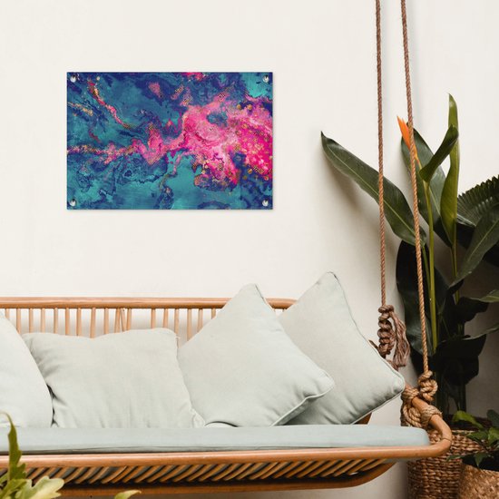 Tuinposter 60x40 cm - Tuindecoratie Marmer - Verf - Roze - Blauw - Poster voor in de tuin - Buiten decoratie - Schutting tuinschilderij - Tuindoek muurdecoratie - Wanddecoratie balkondoek