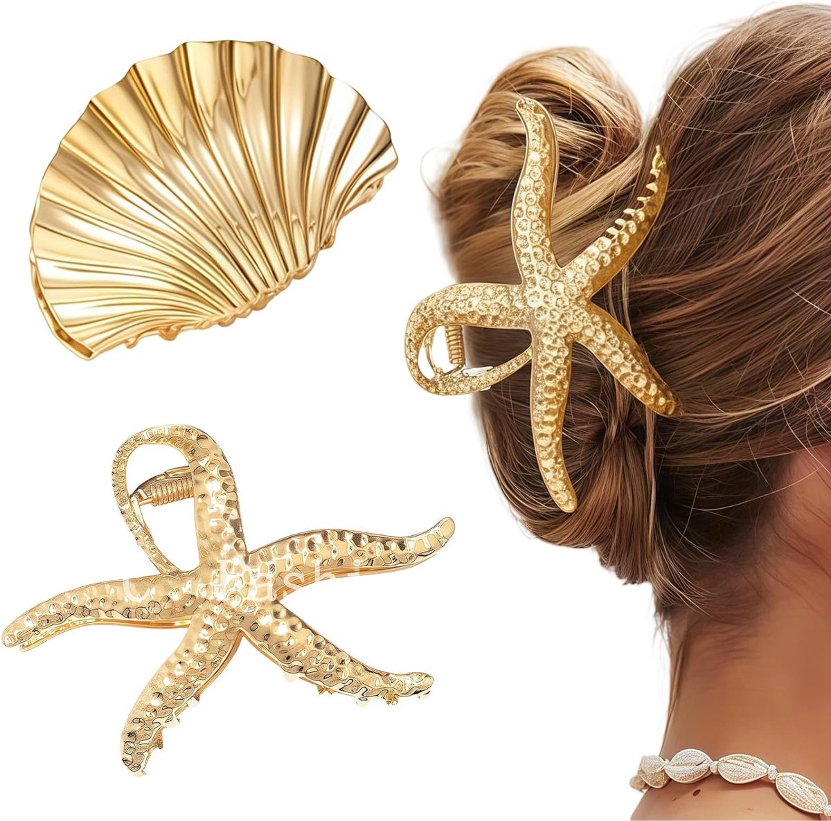 Set van 2 Stervormige Haarspelden, Schelp Haarclip, Grote Haaraccessoires in Goud voor Vrouwen, Metalen Haarpinnen voor Diverse Haarstijlen