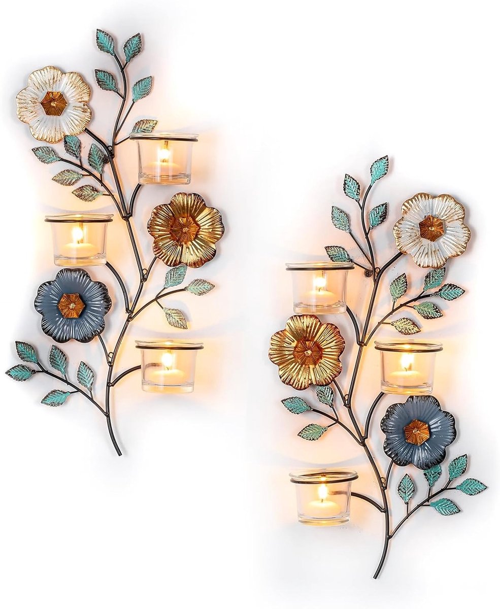 Set van 2 Wandkaarsenhouders van Metaal met 6 Theelichthouders - Vintage Wanddecoratie met Bloemen en Bladeren voor Woonkamer, Badkamer en Slaapkamer