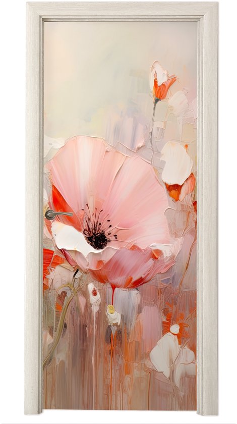 Abstracte deurposter met een grote roze bloem met zwarte kern, omringd door kleinere witte en oranje bloemen en bladeren in een aquarel stijl.