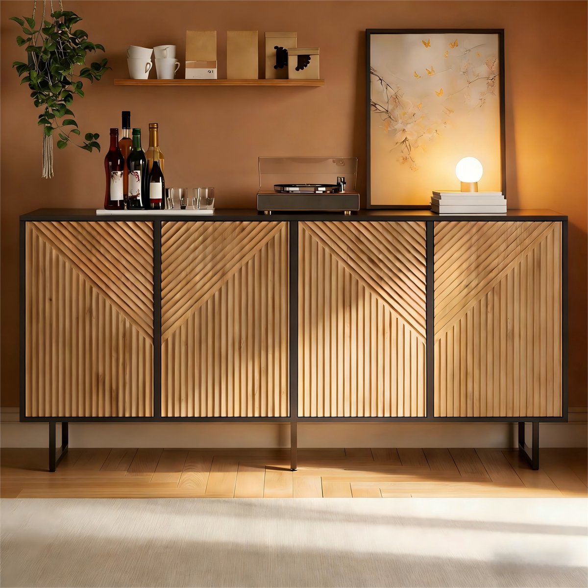 Clruro Dressoir - 160x40x75 cm - Met 4 Deuren Vacuum Gevormd Design - 3 Poten - Hout - Zwart Natuur Natuurlijk Hout