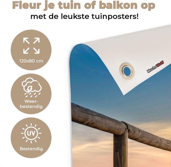 Tuinposter strand - Tuindecoratie zonsondergang - 120x80 cm - Wanddecoratie voor buiten - Schutting decoratie - Buitenposter - Schuttingdoek - Tuindoeken - Tuin doek - Balkon poster