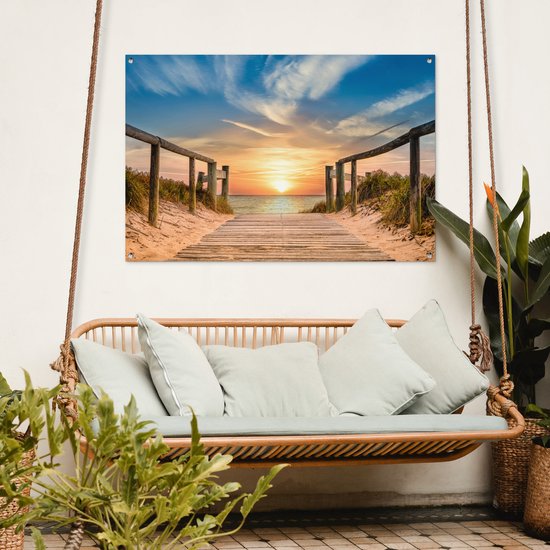 Tuinposter strand - Tuindecoratie zonsondergang - 120x80 cm - Wanddecoratie voor buiten - Schutting decoratie - Buitenposter - Schuttingdoek - Tuindoeken - Tuin doek - Balkon poster