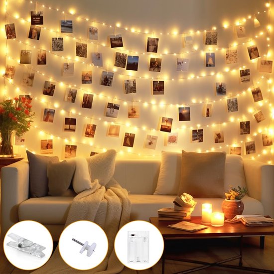 150 LED Fairy Lights met Timer en Foto Clips - Decoratie voor Kamer, Woonkamer, Bruiloft en Feest met 60 Clips en Batterijvoeding