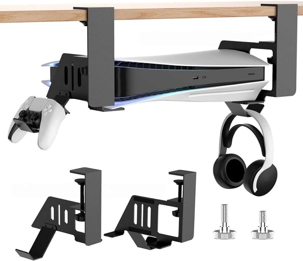 Ondersteuning voor PS5 Onder Tafel, Metalen Onder Bureau Houder voor PS5 Slim, Bevestigingsklem zonder Boren, Zwart, Stabiele Ondersteuning voor Console en Accessoires