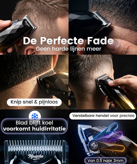 Close-up van de tondeuse die wordt gebruikt voor het maken van een fade, met verstelbare hendel voor precisie. Koel blad voorkomt irritatie.