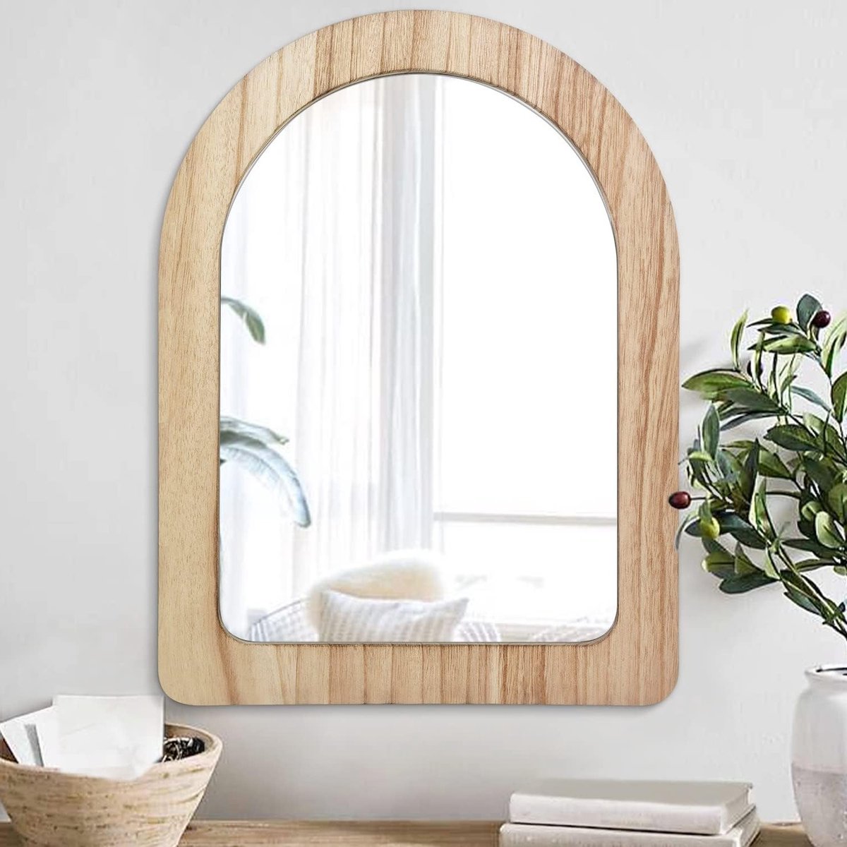 Grote Rustieke Houten Boog Spiegel voor Badkamer, Slaapkamer, Woonkamer en Kaptafel, 50 x 40 cm, Decoratie en Functioneel Gebruik