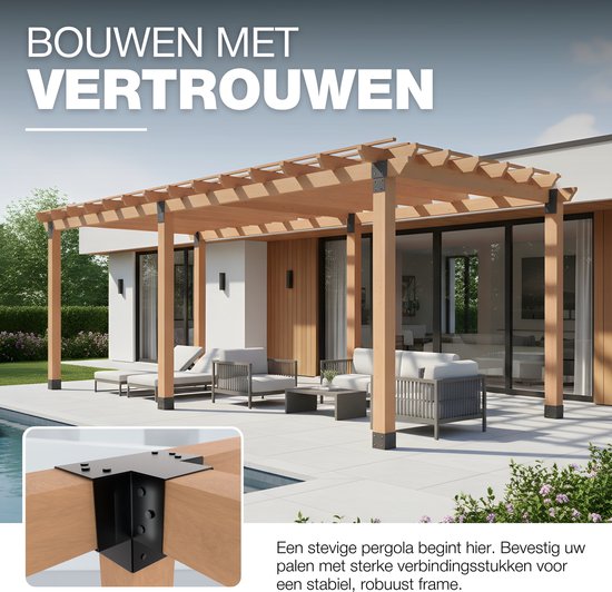 Een pergola gebouwd met zwarte paalverbinders op houten palen, bij een zwembad.