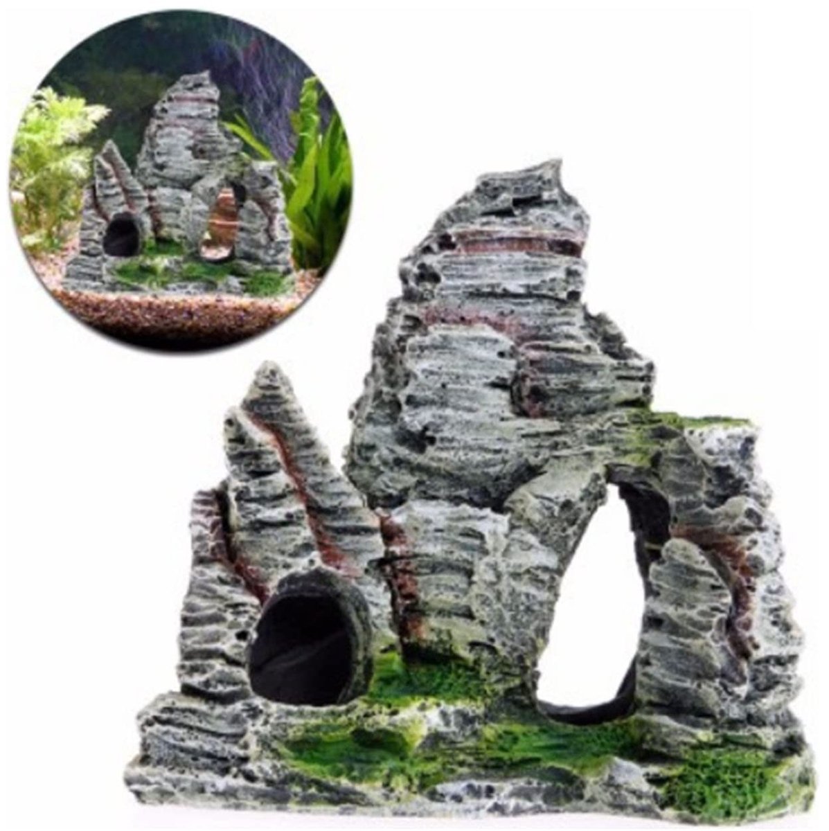 aladdien - Aquarium Decoratie - Natuurlijke Rock Cave - Groene Accenten - Voor Vissen en Garnalen - Speelplek en Schuilplaats - 5.5D x 10W x 11.5H cm