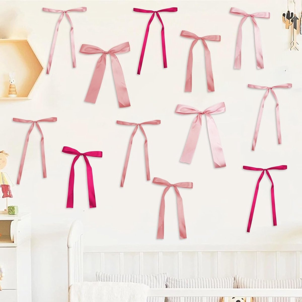 12 stuks roze satijnen strikken voor wanddecoratie, feestelijke versiering, babyshower en slaapkamerdecoratie
