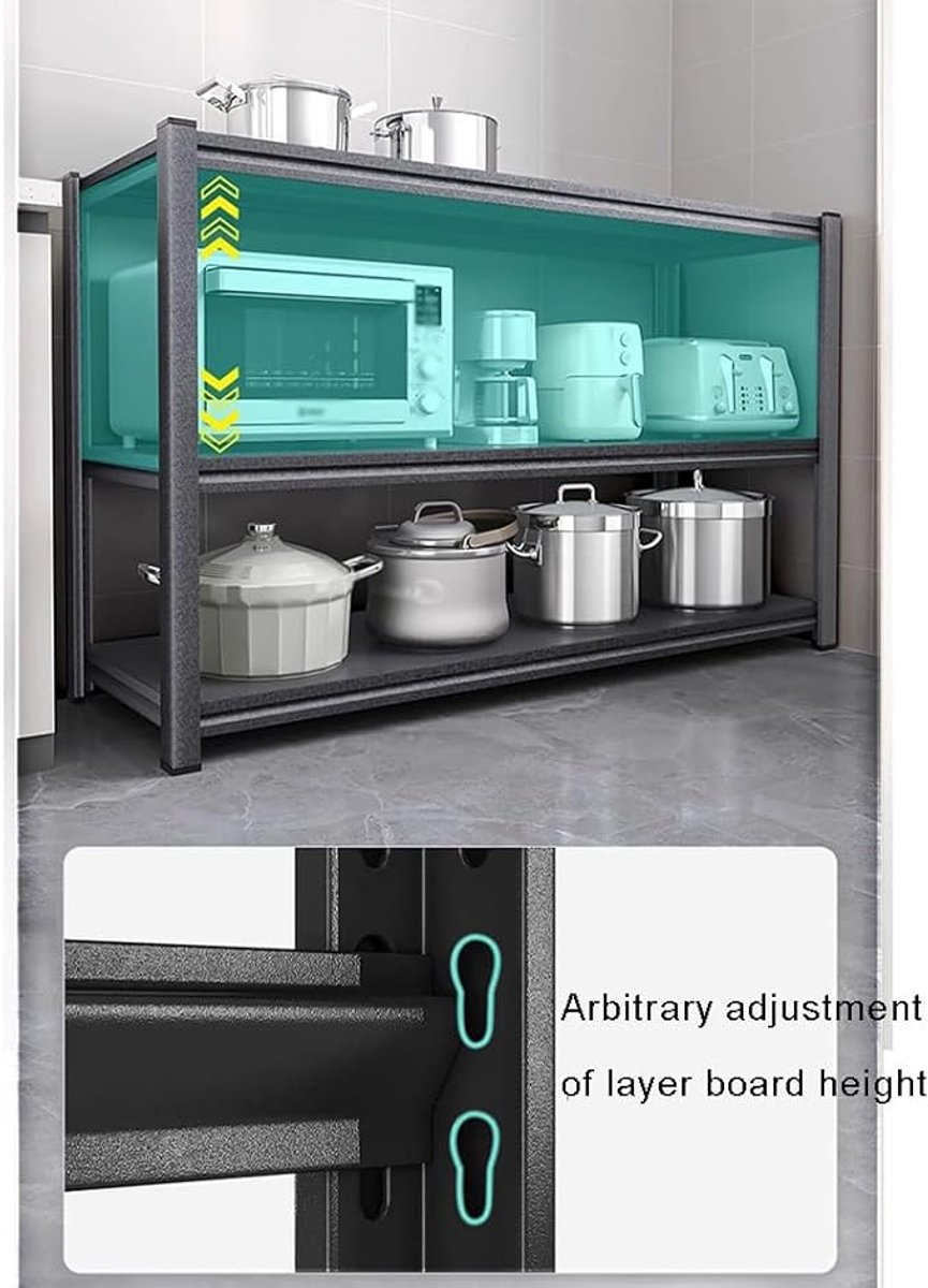 Magnetronrek Keukenrek 3-Laags – Heavy Duty Metalen Opbergrek met Pottenrek – Verstelbare Planken – Ruimtebesparend Keuken Organizer – 50 x 30 x 80 cm – Zwart
