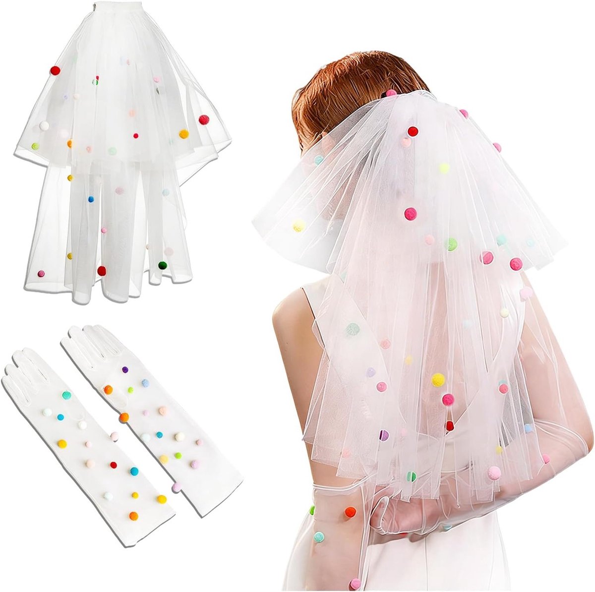 Elegante Bruidsluier met Kanten Handschoenen en Kleurrijke Pompoms voor Huwelijk en Vrijgezellenfeest