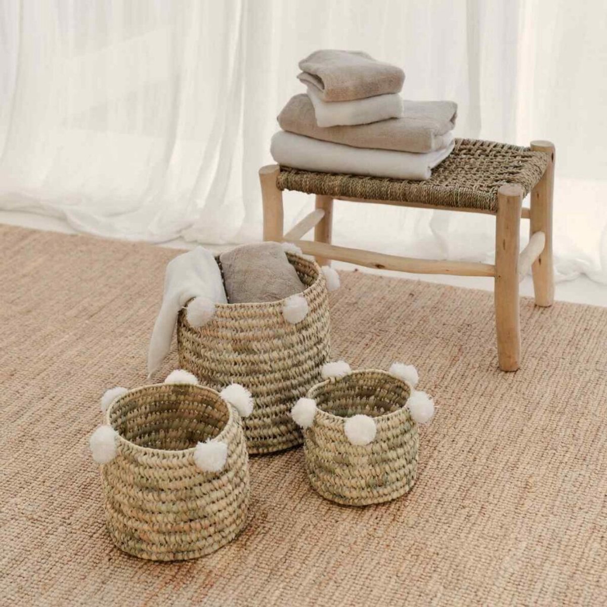 NOA MAY Mand Boho - naturel/wit -palmblad - set van 3 manden (small, medium & large)