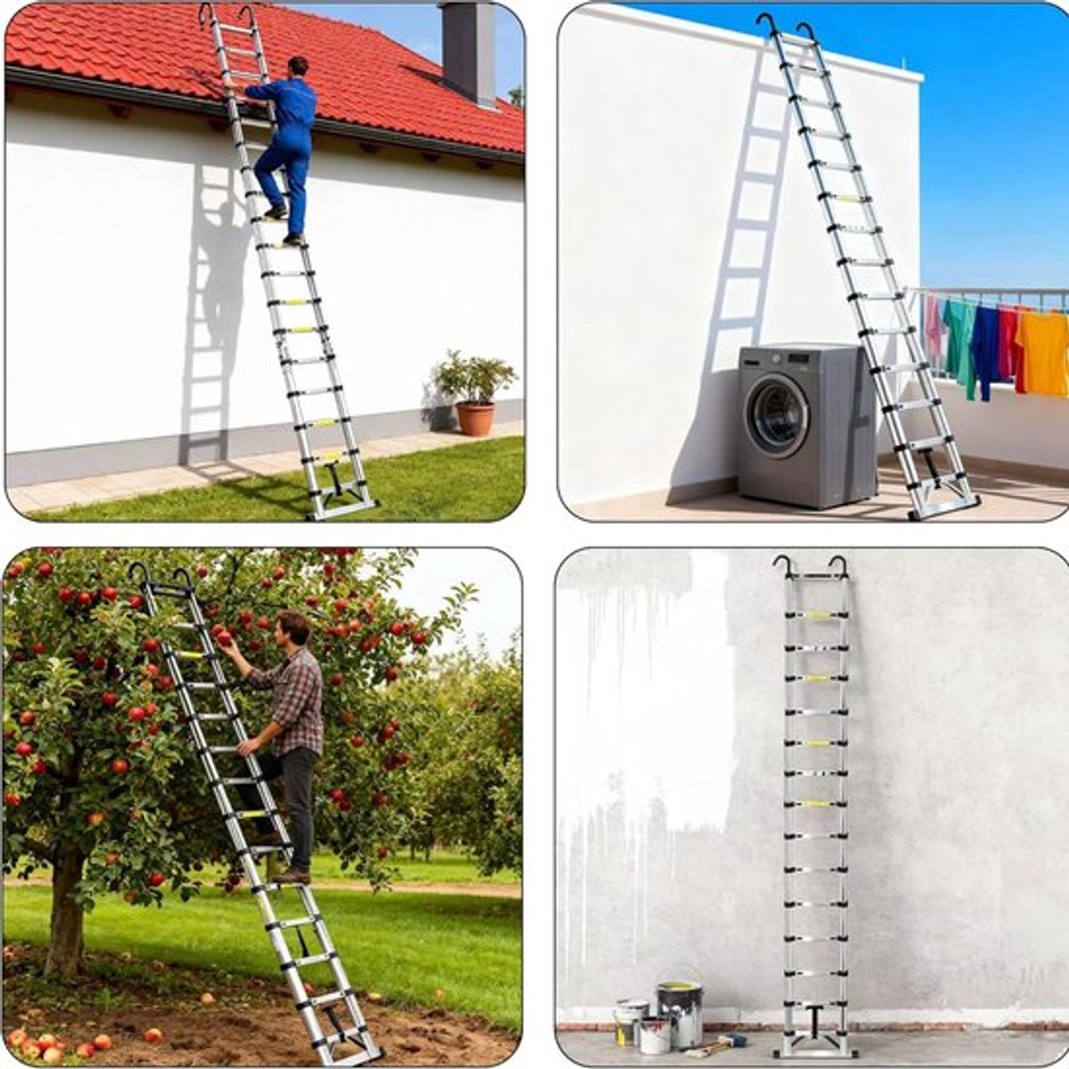 Uitschuifbare ladder 6.2 m – Telescopische vouwladder – Aluminium constructie – Antislip poten – Vergrendelbare treden – Inklapbaar ontwerp – Draagbaar – 150 kg draagvermogen – Met afneembare haken – foto 6