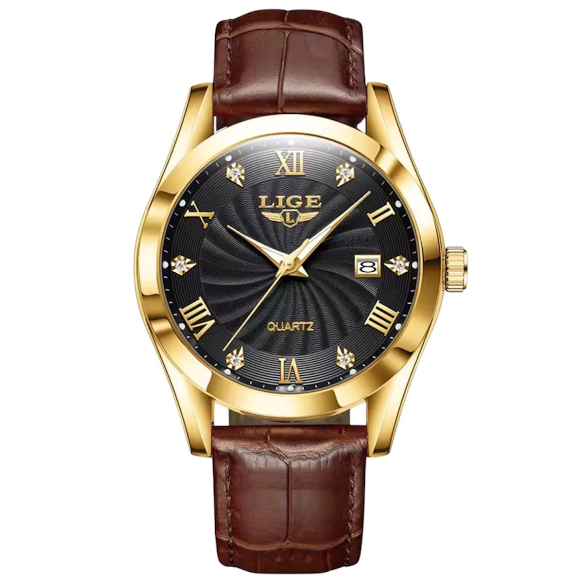 Lige - Herenhorloge - Leren Band - Polshorloge - Heren - Horloge - Horlogedoos - Mannen - Goud Zwart - Polsband Bruin