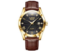 Lige - Herenhorloge - Leren Band - Polshorloge - Heren - Horloge - Horlogedoos - Mannen - Goud Zwart - Polsband Bruin