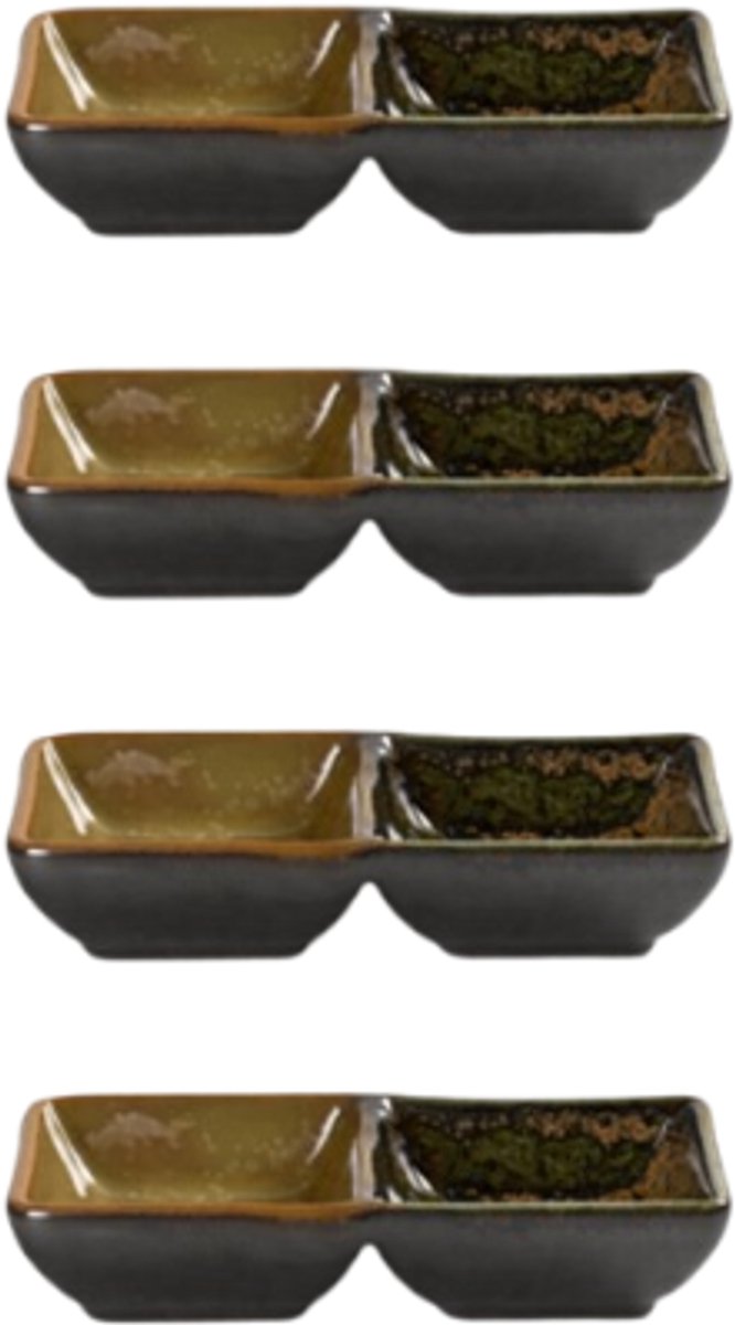 MPLCo - Ondes Dubbele Dip Schaaltje - Set van 4 - Dubbele Kom voor Saus & Tapas - Sushi Schaaltje 2 Vakken - Dip Bowl Keramiek - Vaatwasser & Magnetron Bestendig - 50ml - ca. 14 x 7.5 x 3 cm - Aardetinten