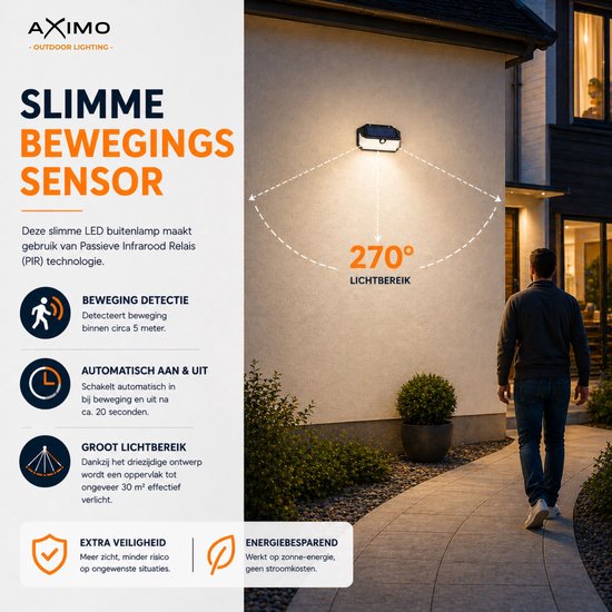 Man loopt op tuinpad, verlicht door een AXIMO solar buitenlamp met bewegingssensor. Lichtbereik 270 graden, detecteert beweging binnen 5 meter.