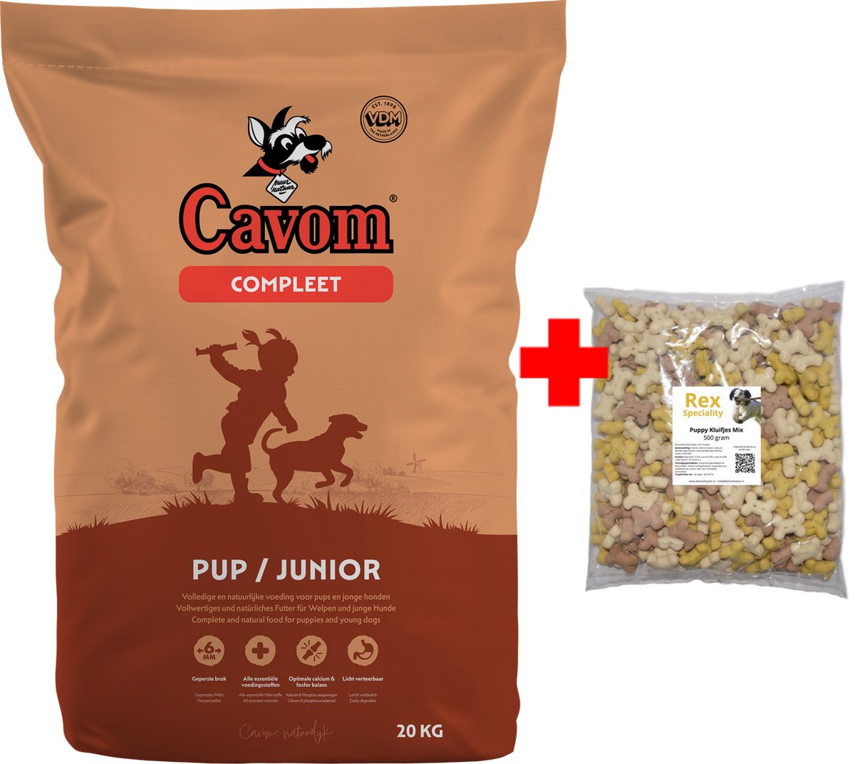 Cavom compleet Pup/Junior - geperste brokken - 20 kg + Rex kluifjes puppy