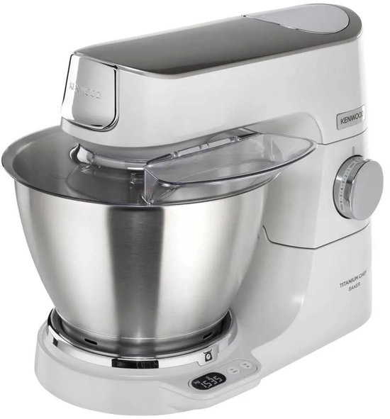 Robot pâtissier Kenwood blanc avec bol inox et couvercle anti-éclaboussures.