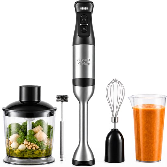 Savoré Kitchen Mixeur Plongeant Pro+ 1500W – Ensemble Mixeur avec Hachoir 600ml, Fouet, Mousseur à Lait et Verre Doseur – 5 Vitesses – 6 Lames – Acier Inoxydable