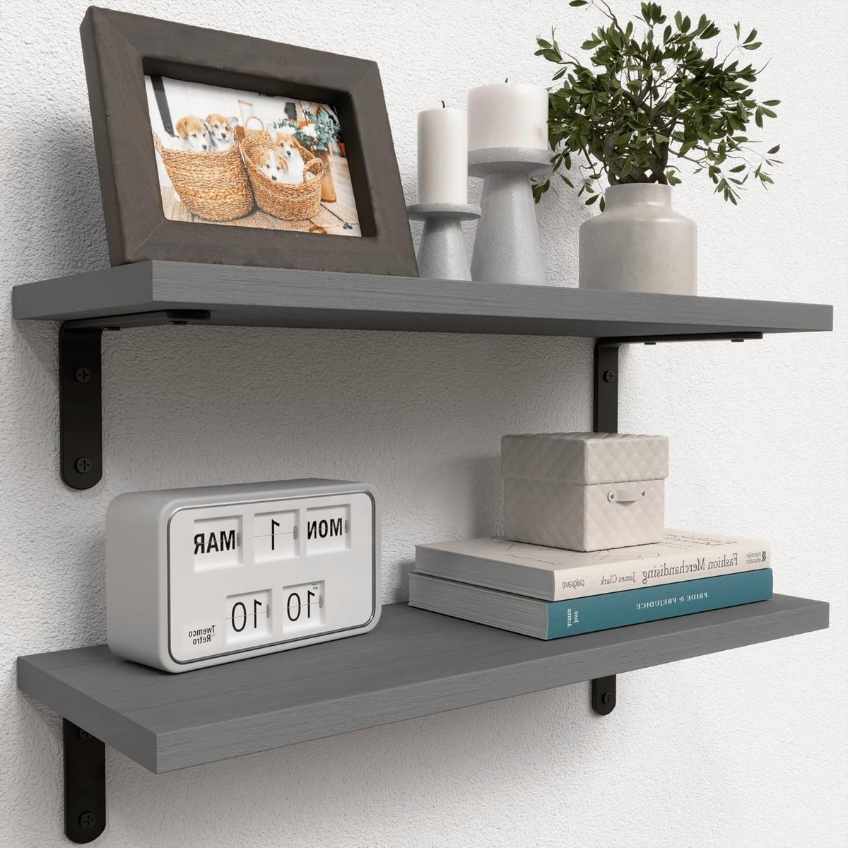 Rustieke houten wandplanken set van 2, landelijke stijl zwevende planken voor badkamer, slaapkamer en woonkamer decoratie, opbergruimte en keukenaccessoires - Grijs