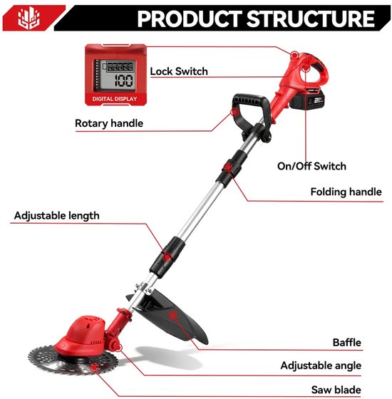 Borstelloze elektrische grasmaaier - grastrimmer - Bosmaaier - Kantenmaaier - opvouwbaar - 4000W - Power Tool - Tuingereedschap voor Gazon - 18V batterij — afbeelding 3