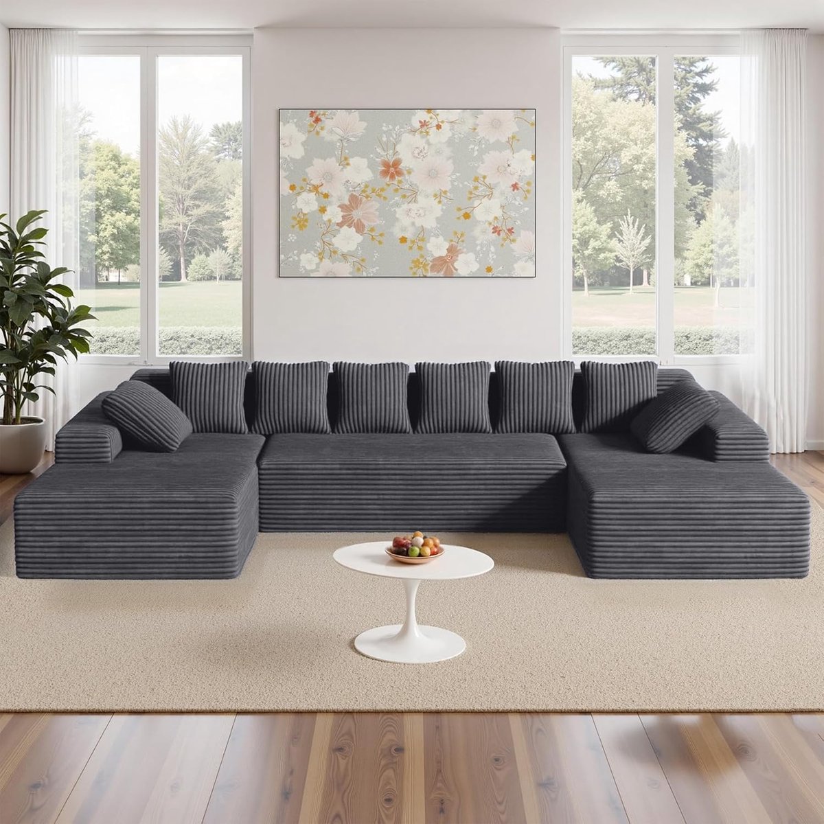 Luxe Modulaire Cloud Comfort U-Bank 3-Zits met Corduroy Bekleding en Hoge Dichtheid Schuim, U-Vorm & L-Vorm Sofa Chaise, 282 x 102 x 61 cm, Wasbare Hoes, Boneless Design