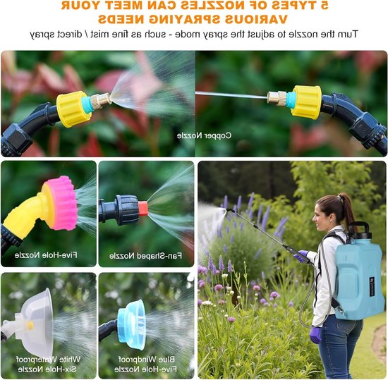 Draadloze elektrische drukspuit van 12 liter met hoge drukpomp, oplaadbare batterij, 4 spuitmonden en telescopische steel voor planten, onkruidbestrijding en irrigatie — afbeelding 2