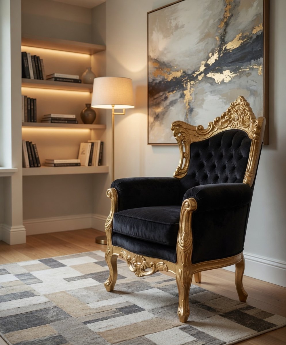 Barokke Fauteuil 'Al Capone' Mod 2 Zwart/Goud – Handgemaakt Antiek Lounge Stoel Hout 127x85x65 cm – Ganeey