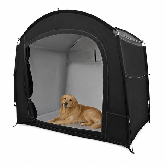 Zwarte opslagtent met een Golden Retriever erin.