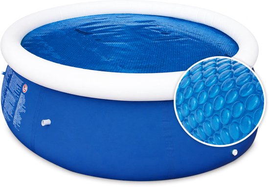 Blauw opblaasbaar zwembad met een blauw solarzeil met noppenpatroon erop.