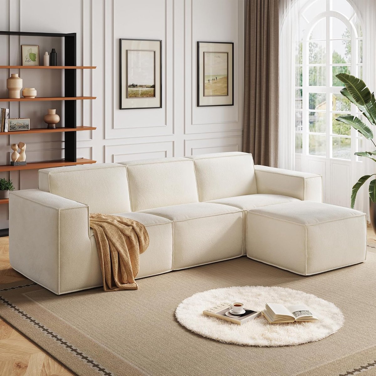 Luxe Modulaire Hoekslaapbank 266 cm met Opbergpoef en Diepe Zit – Chenille Beige L-Vormige Sofa Bed voor Woonkamer – 200 x 88 x 86 cm