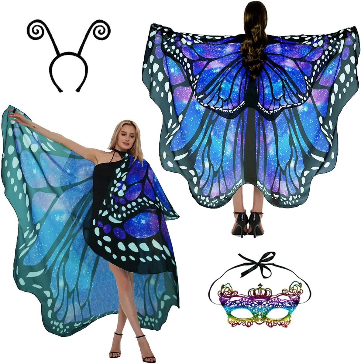 Vleermuis kostuum voor vrouwen met vleugels, cape en accessoires voor carnaval en feesten, inclusief gezichtsmasker en hoofdband