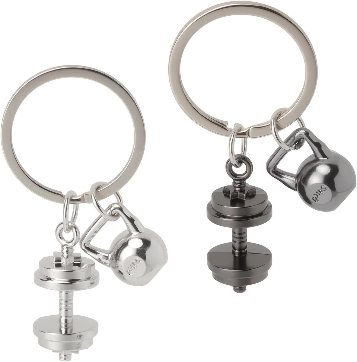 Set van 2 metalen dumbbell en gewichtsschijf sleutelhangers, sportieve decoratieve pendant voor fitnessliefhebbers, perfect cadeau voor atleten en bodybuilding fans