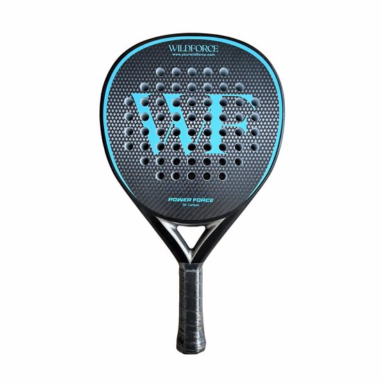 Zwarte padelracket met blauw 'WF' logo, zwarte grip en blauwe rand.