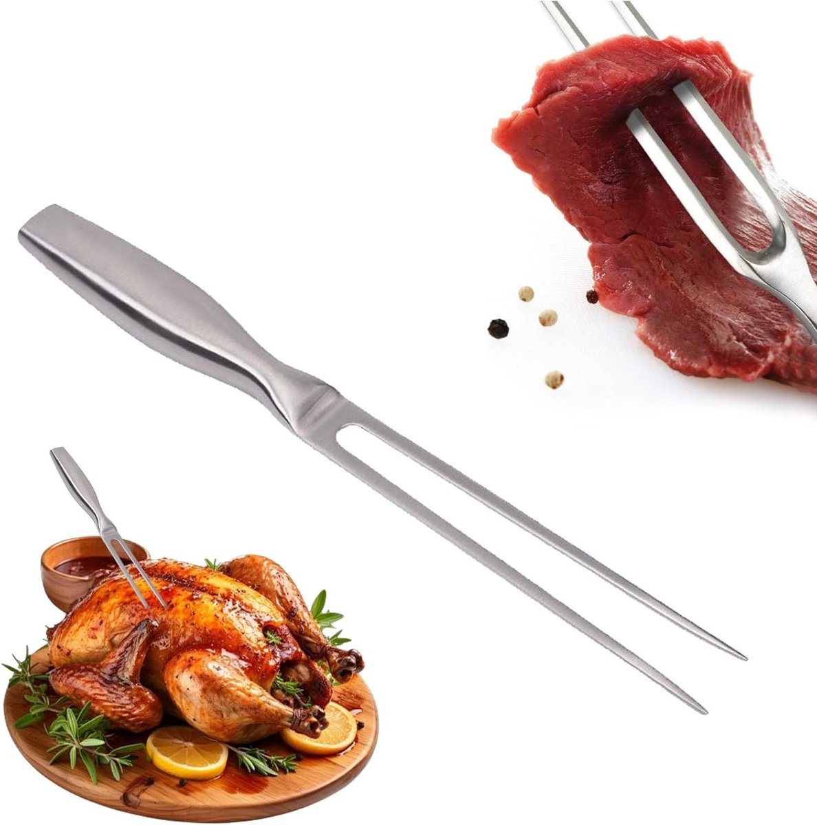 Stevige Vleesvork RVS met Houten Handvat 27 cm voor Grillen en Trancheren